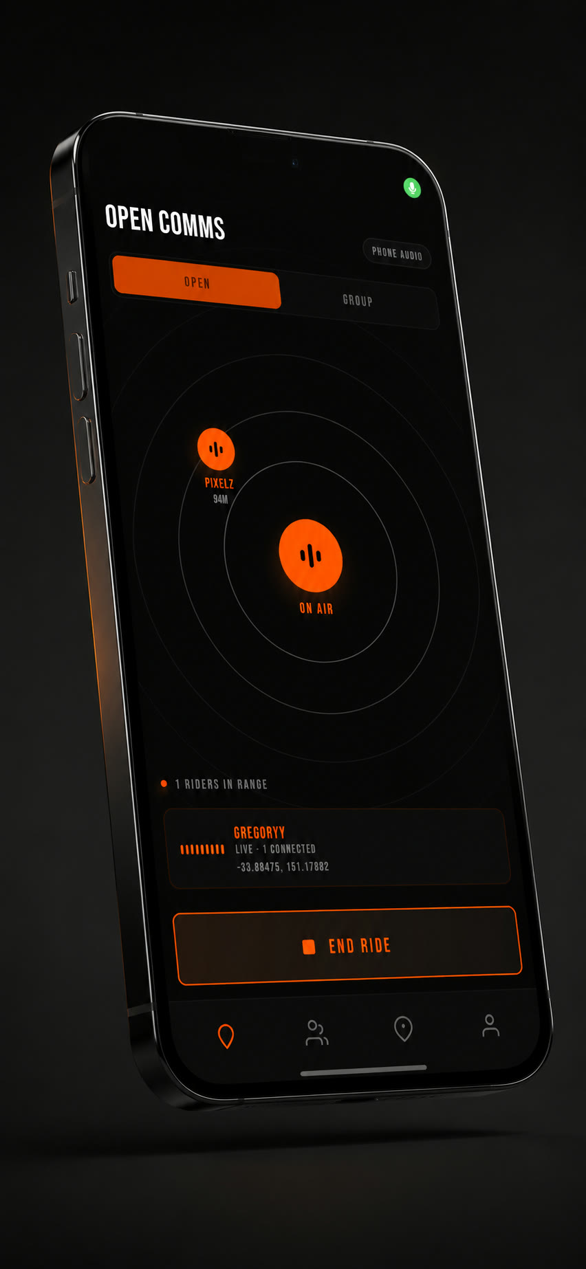 Open comms mid ride: riders in range placed by proximity around a live channel.